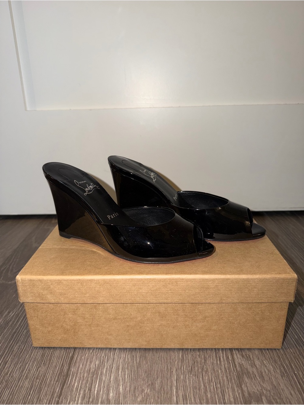 Christian Louboutin ME Dolly Zeppa Black Patent Wedge Mules 37.5